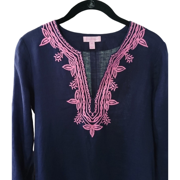 Lilly Pulitzer Amelia Island Tunic Top Blouse XXS Navy Linen Embroidered V-Neck - Picture 8 of 13